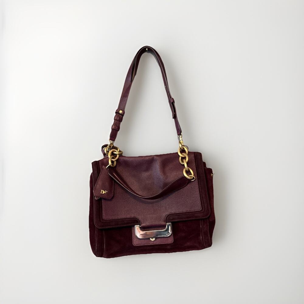 Diane von Furstenberg Plum Pebbled Leather Suede Crossbody Purse Laptop Bag